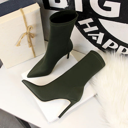 Women's Silk Sock Boots – 7.5cm/10cm Satin Pointed Toe Winter Ankle Booties in Green, Sexy Low Heels