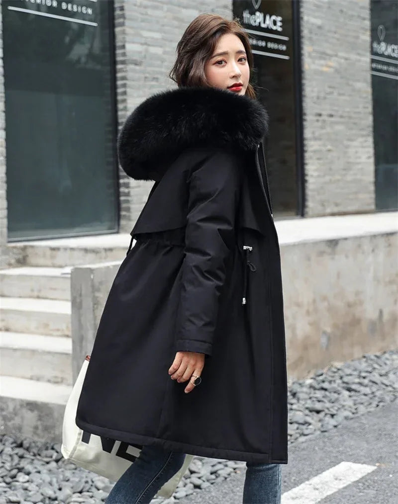 Women's Wool Hooded Jacket with Faux Fur Collar, Long Coat, Thick Warm Winter Snow Parka, Fashionable 2024 Winter Coat