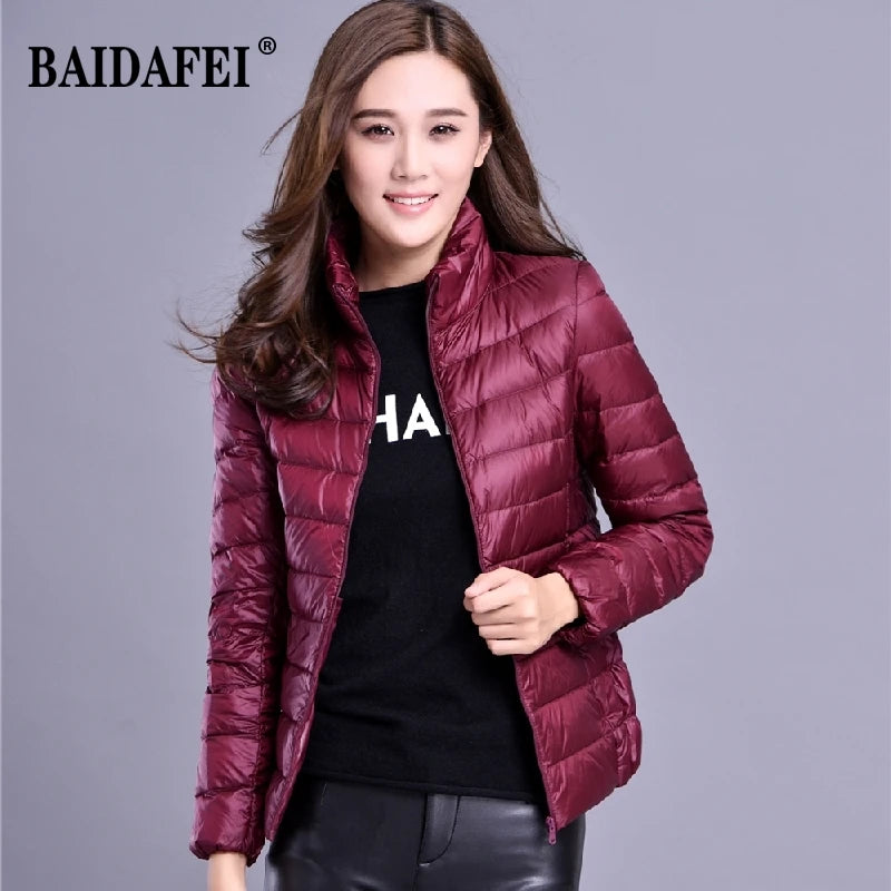 Parka para baixo empacotável feminina, jaqueta puffer empacotável, casaco casu