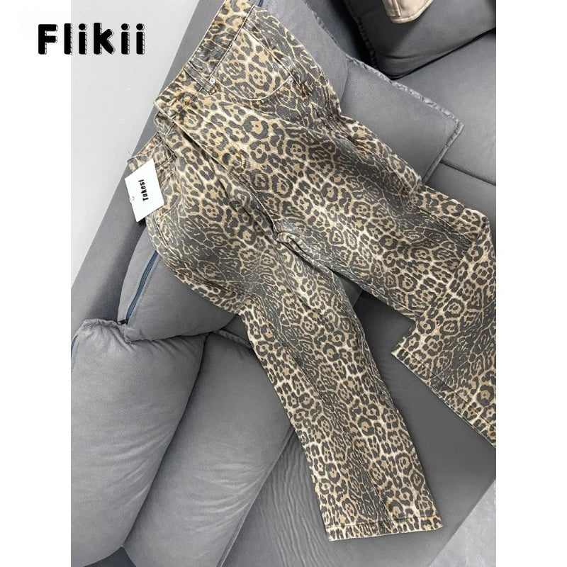 Wide-Leg High-Waisted Leopard Print Retro Jeans for Women, Y2K Oversized Casual Pants, Spring 2024