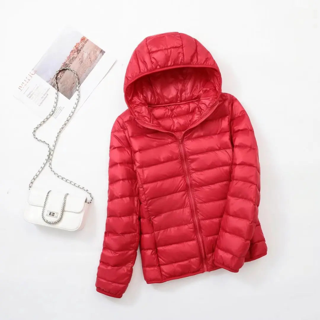 Jaqueta puffer curta com capuz para mulheres, casaco coreano slim fit, pato bran