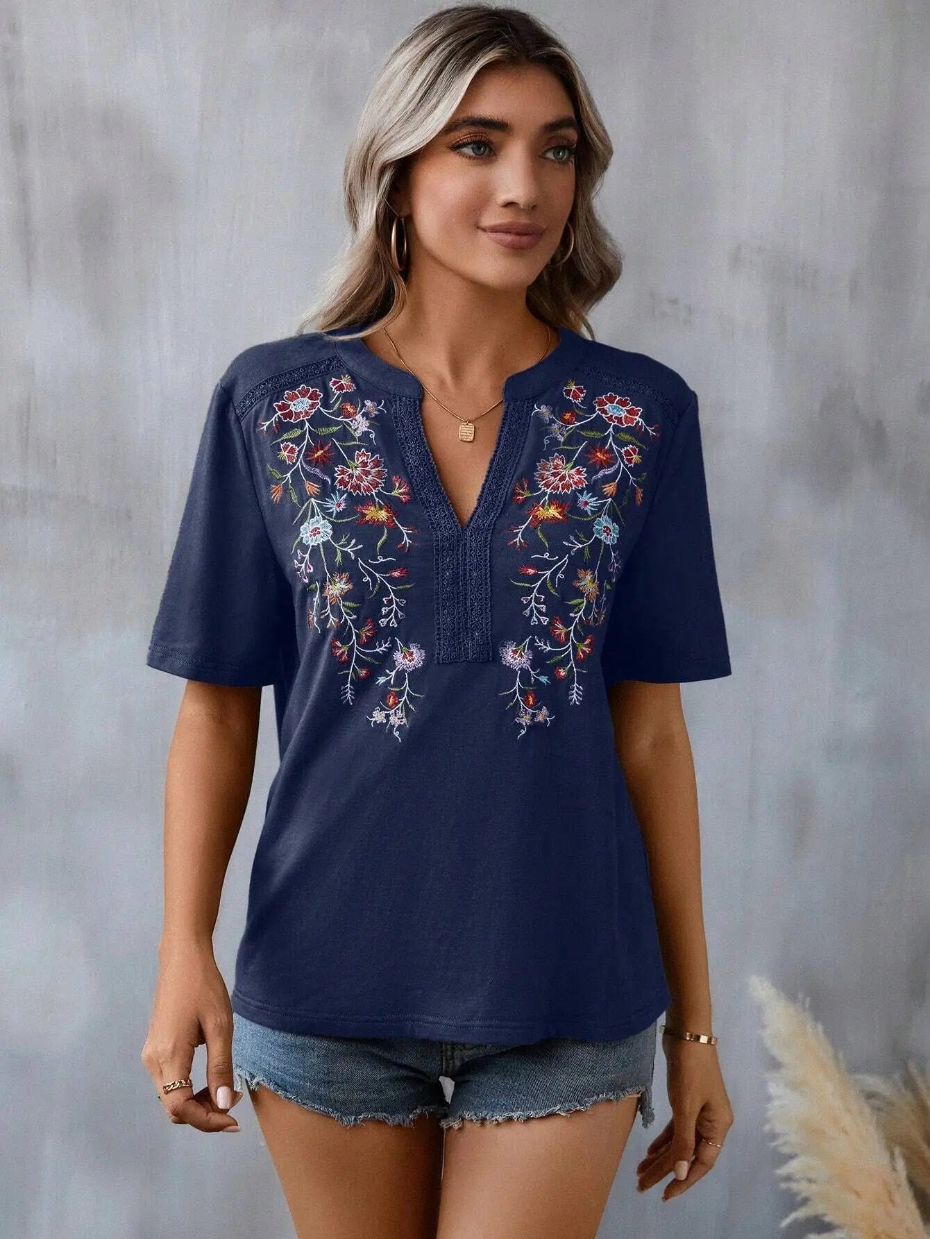 Vintage Summer V-Neck Lace Blouse – Casual Embroidered Loose Top for Vacation & Everyday Wear