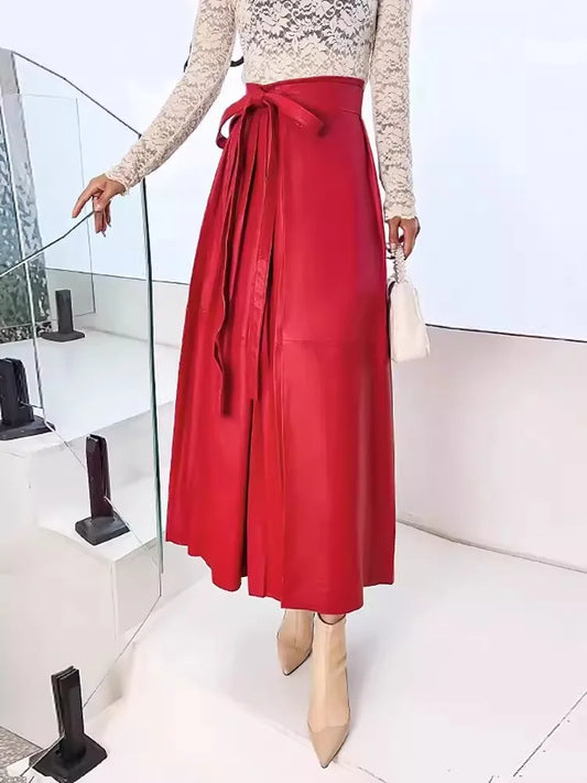 Chinese Style Vintage Women Lace Up High Waist Ankle Length Long Pleated Skirt E