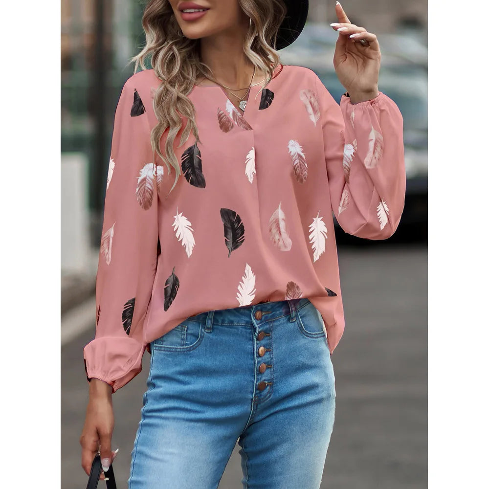 Women’s Feather-Pattern Chiffon Blouse – Elegant Long-Sleeve Fashion Top