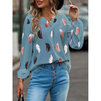 Women’s Feather-Pattern Chiffon Blouse – Elegant Long-Sleeve Fashion Top