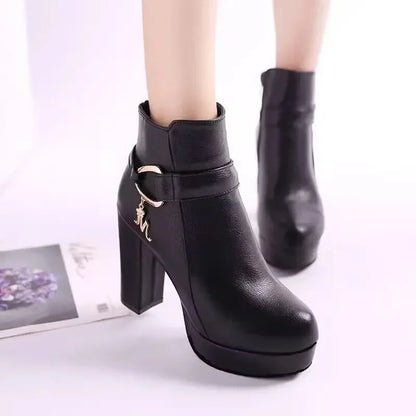 2024 Women's Genuine Leather Winter Booties – Fashionable High-Heel Platform Ankle Boots for Office & Dress