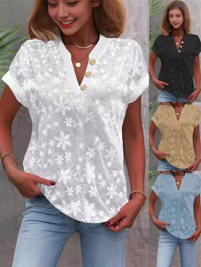 2024 Summer White Jacquard V-Neck Blouse – Elegant Short-Sleeve Office Top for Women