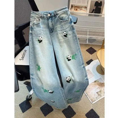 Jeans reto panda bordado feminino, calça de cintura alta, slim, perna larga, se