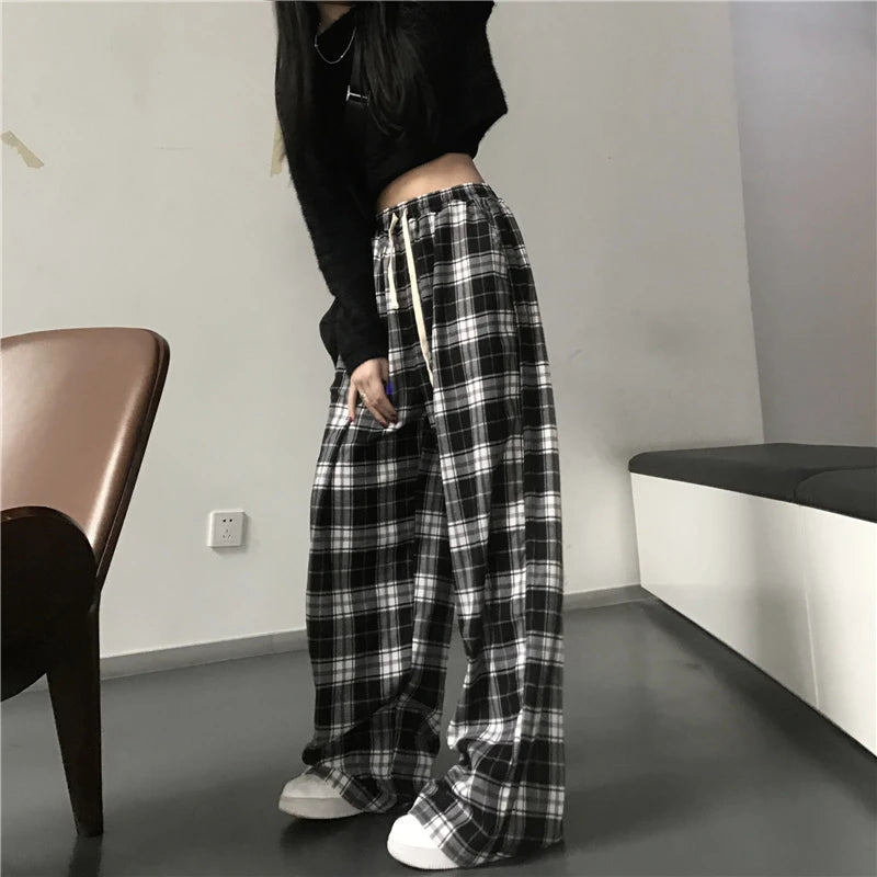 Calça xadrez preta extragrande feminina, calça larga casual, elástico na cint