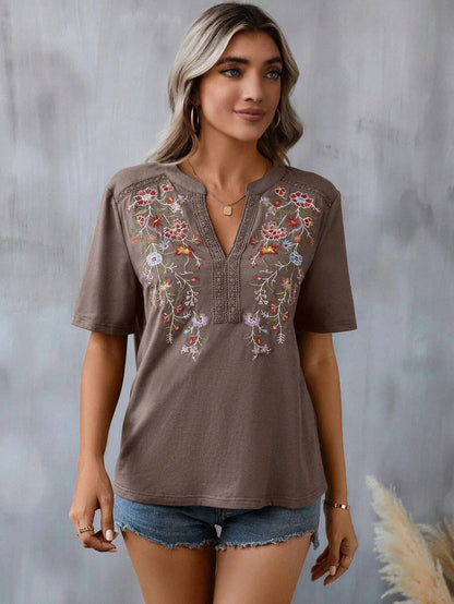 Vintage Summer V-Neck Lace Blouse – Casual Embroidered Loose Top for Vacation & Everyday Wear