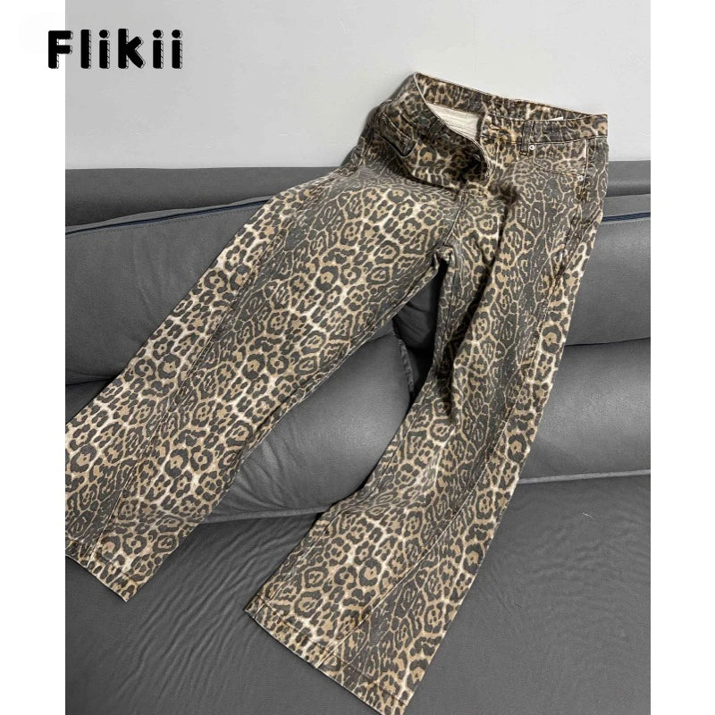 Wide-Leg High-Waisted Leopard Print Retro Jeans for Women, Y2K Oversized Casual Pants, Spring 2024