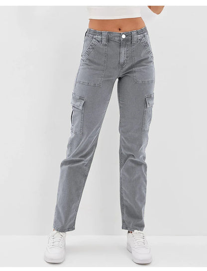 2023 New Women's Mid Waist Gray Multi Pocket Jeans Fashion High Stretch Denim Straight Leg Pants Casual Female Clothing S-2XL