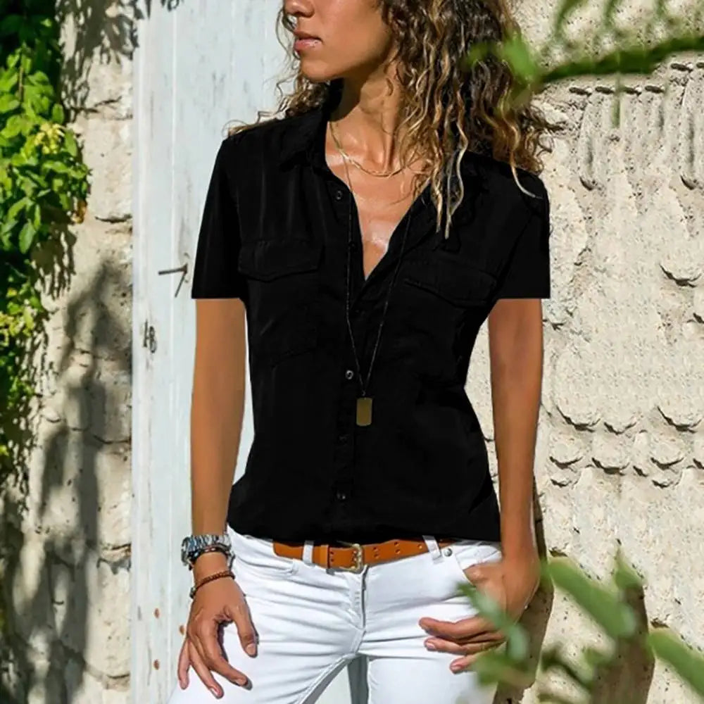 2024 Summer Elegance: Short-Sleeve V-Neck Blouse for Women – Versatile, Chic & Office-Ready