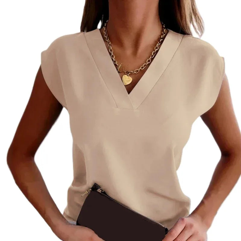 2024 Summer Fashion V-Neck Blouse – Elegant Short-Sleeve Casual Office Top for Women