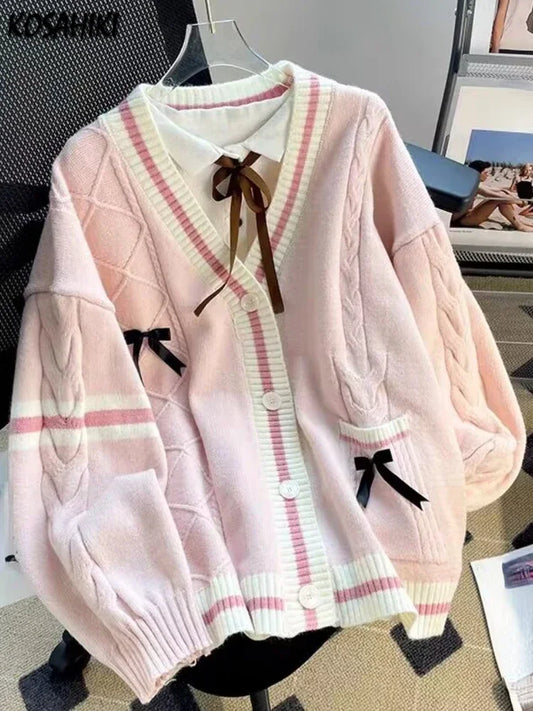 Cardigans de malha com laço feminino, casacos de peito único, suéteres Kawaii