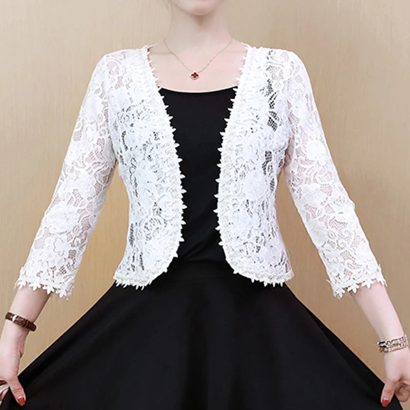 2022 Autumn Lace Beaded Hollow Sunscreen Cardigan Elegant Short S-4XL Large Size