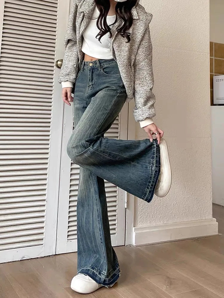 Jielur Fashion Slim Casual Vintage Blue Women‘s Jeans Winter American Style Chic Office Ladies Pockets Basic Female Flare Pants