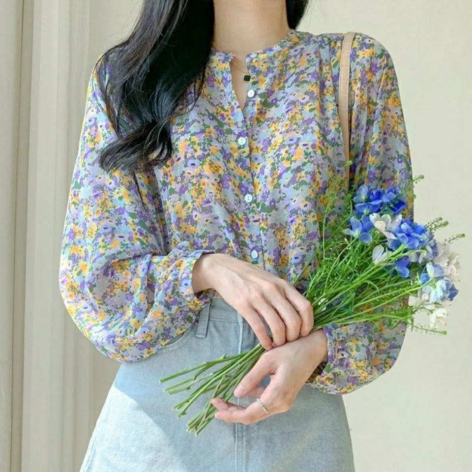 2023 Elegant Print Chiffon Blouse – Women's Long Sleeve V-Neck Office & Casual Top