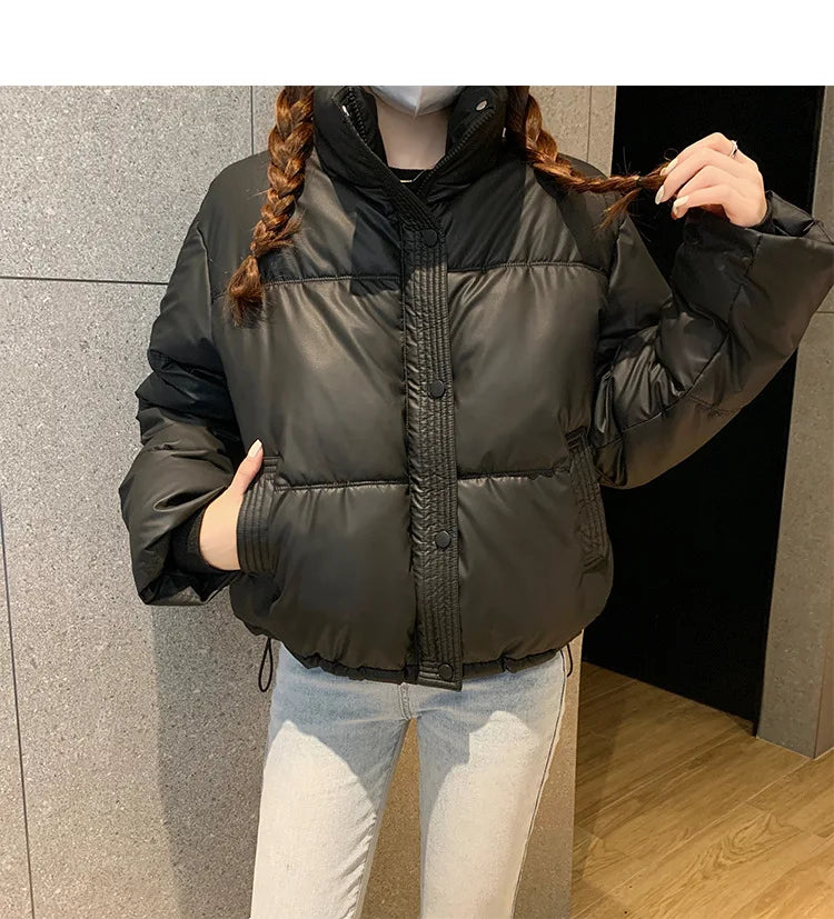 Women's PU Leather Thick Jackets - Warm Short Parkas, Quilted Cotton Black Jacket, Stylish Zipper Design, Winter Fashion 2022