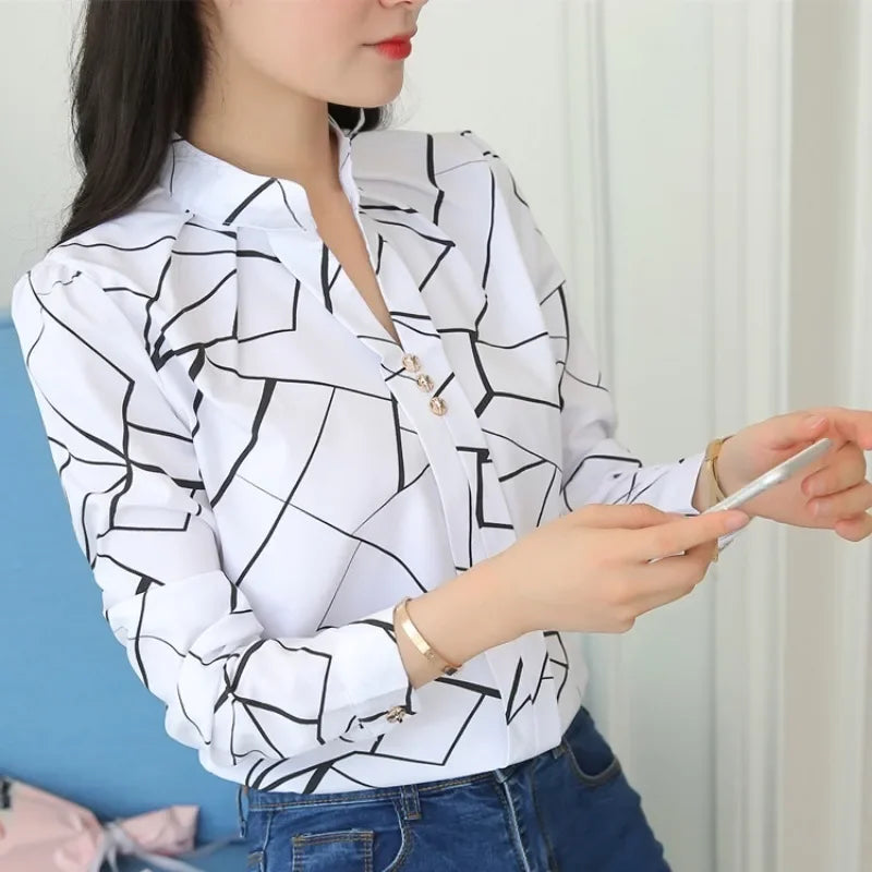 2024 Spring/Autumn Women's Casual Striped Blouse – Loose Long Sleeve Stand Collar Top in White