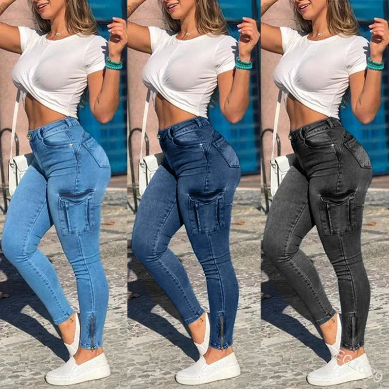 Jeans de cintura alta feminina com bolsos, calça lápis, jeans carga, angustiad