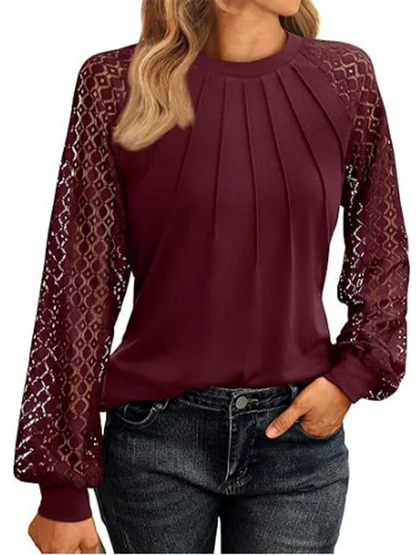 Elegant Women's Lace Blouse – Round Neck Lantern Sleeve Pleated Top for Autumn Casual Wear