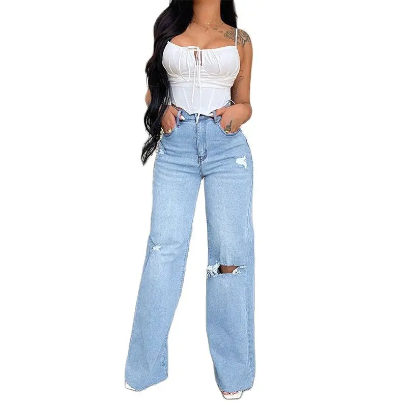 2023 Fall New Women's High Waist Ripped Jeans Fashion Loose Denim Wide Leg Pants Casual Female Trousers S-2XL Drop Shipping