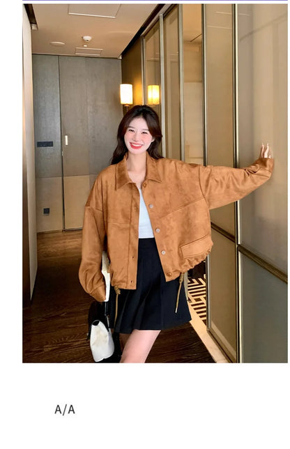 Retro Suede Short Jacket for Women in Spring and Autumn 2024 New Loose Fitting C