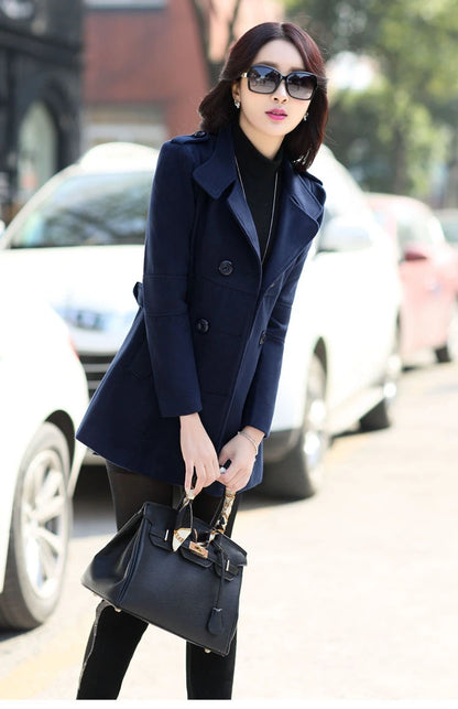 Autumn Winter Women Double Breasted Woolen Coat Solid Color Lapel Slim Fit Short