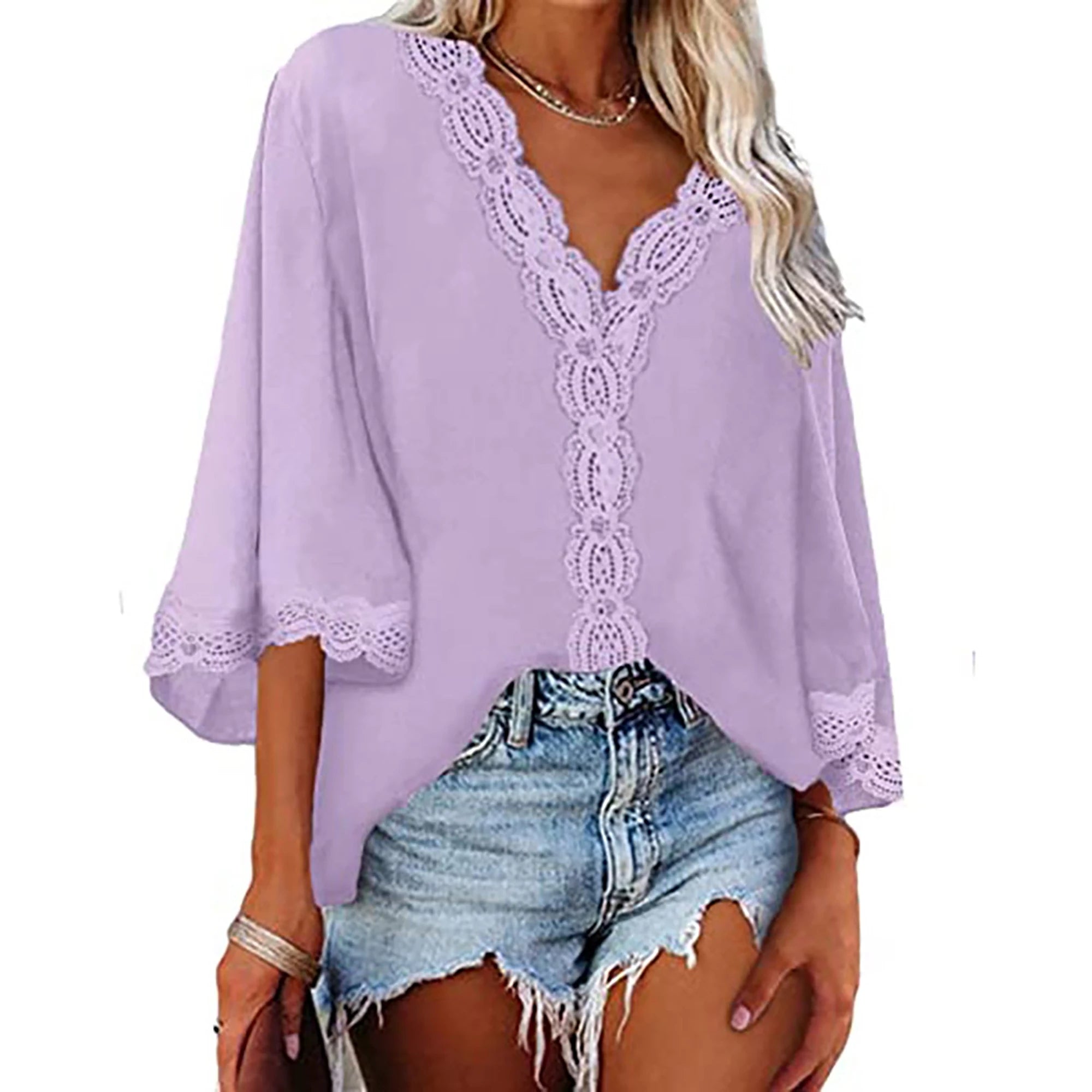 2024 Spring/Summer Flared-Sleeve Lace V-Neck Blouse – European & American-Style Loose Shirt for Women