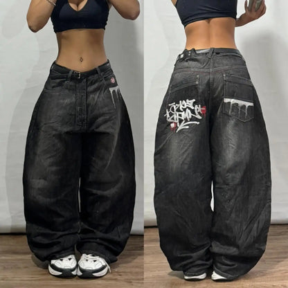 SOUTHPOLE-Jeans feminino, Y2K, Harajuku, Hip-Hop, calça preta, chão lavado, je