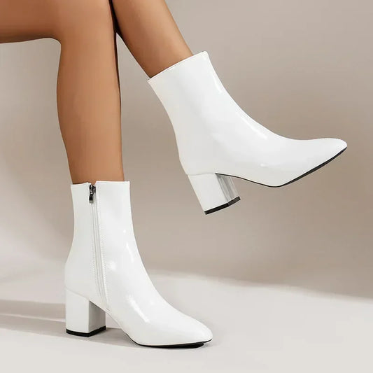 2024 Women's White Ankle Boots – Fashionable Pointed Toe Short Boot with Side Zipper, Stretch Fit & Mid Heel (Large Sizes Available)