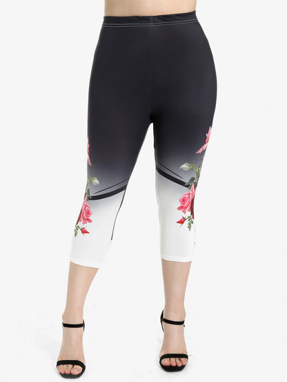 ROSEGAL - High-Waisted Rose Print Capri Jeggings (S-5XL)