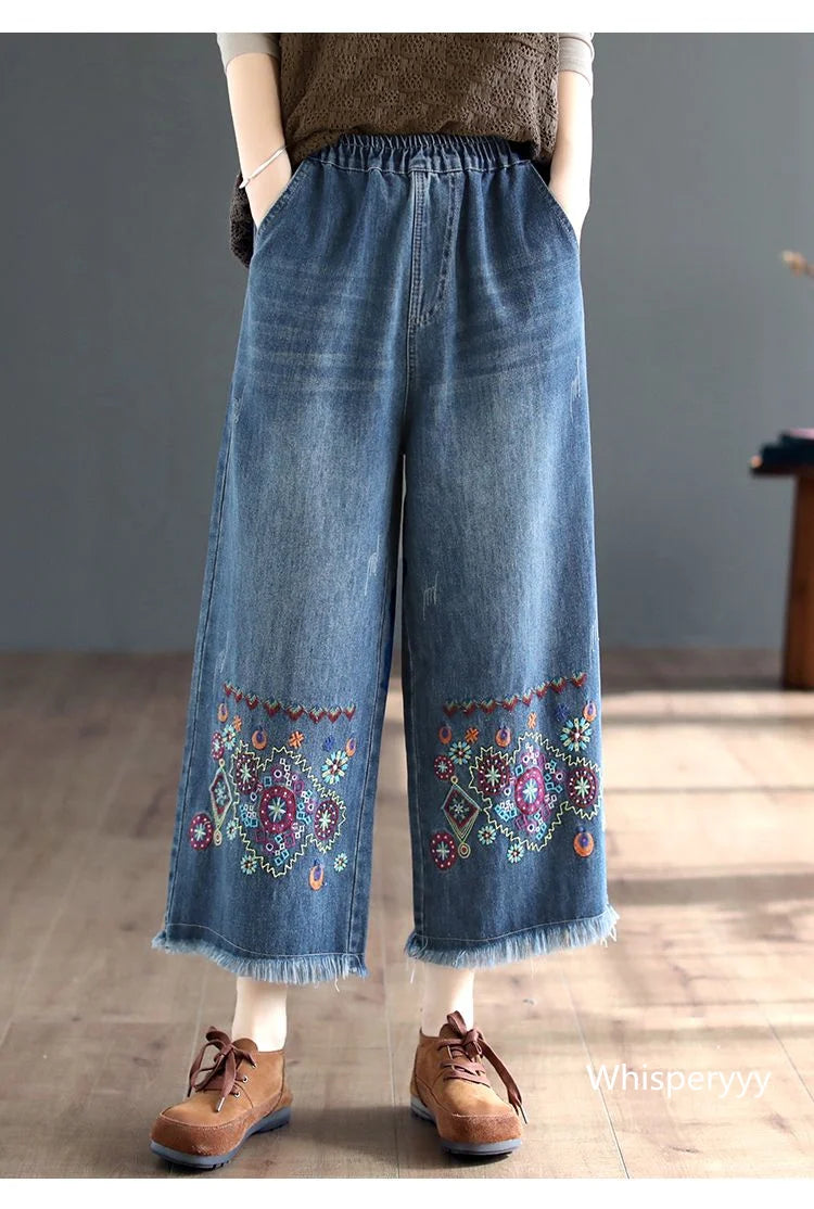 Retro National Style High Waist Embroidered Jeans Female Spring Autumn New Loose Wide-Leg Denim Trousers Women's clothing 2023