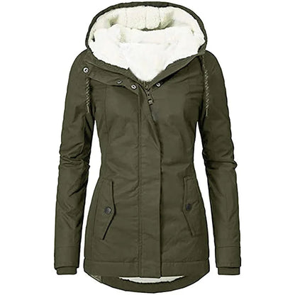 Women's Hooded Zipper Coat - Loose Parka with Pockets, Full Sleeves, Thick and Warm, Monochromatic Casual Jackets for Fall and Winter 2023