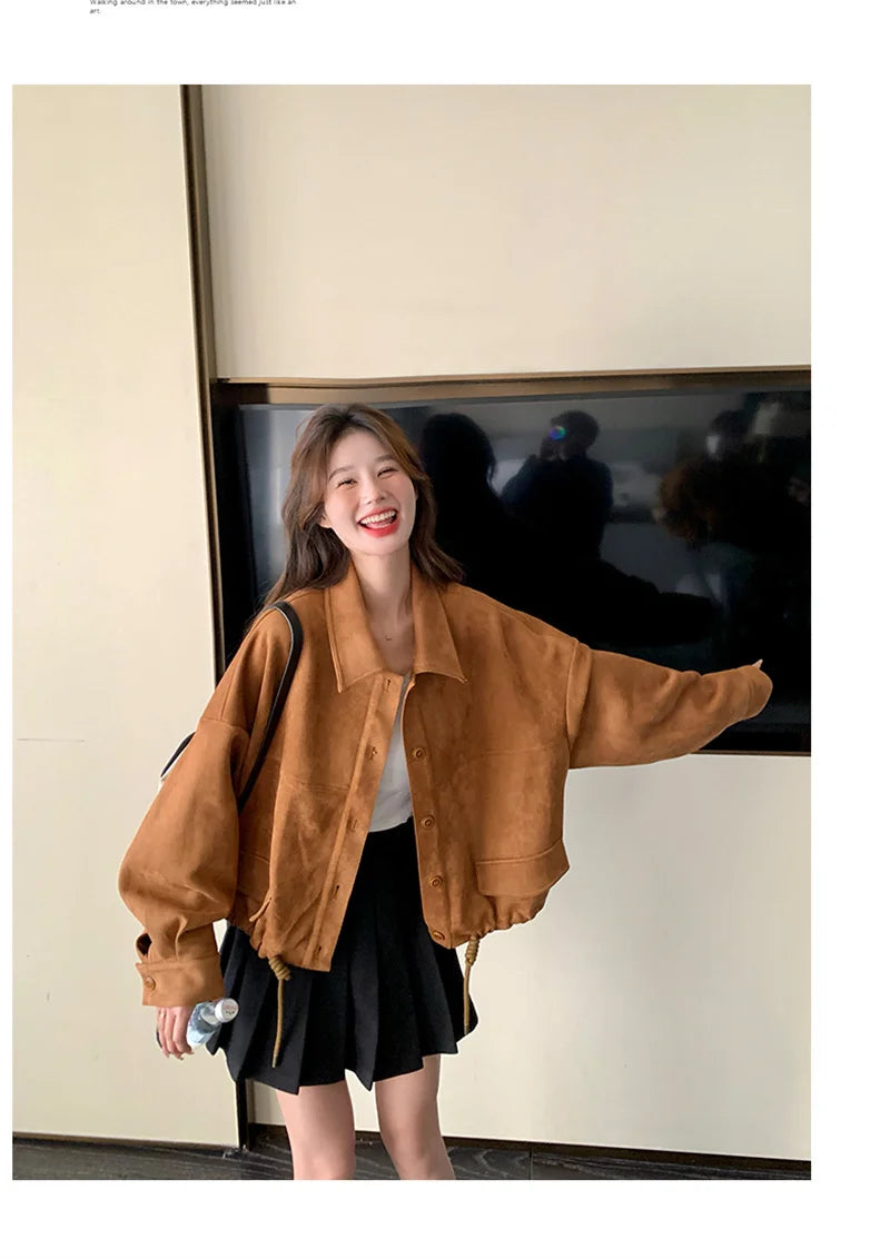 Retro Suede Short Jacket for Women in Spring and Autumn 2024 New Loose Fitting C