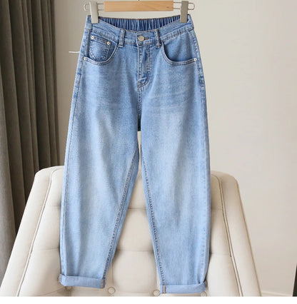 S-5XL Women Jeans Spring Autumn Elastic Waist Light Blue Loose Denim Pants 2023 New Harem Pants Female Casual Trousers