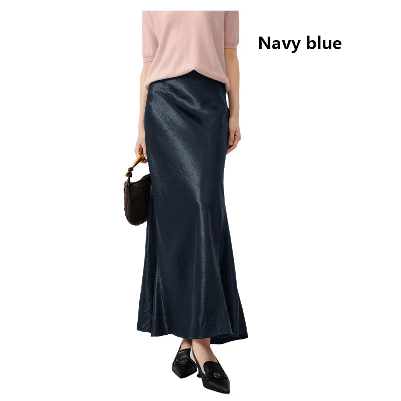 Satin Triacetate Women's Skirt Temperament Elegant Black Long Dress Light Luxury