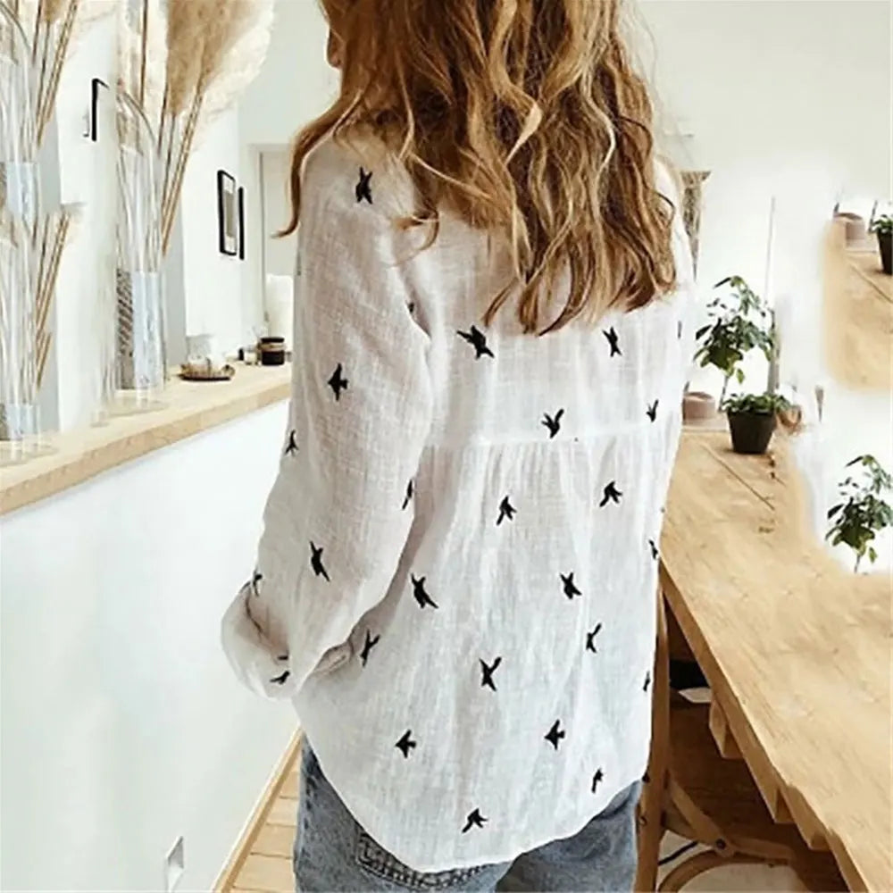 Vintage Streetwear Women's Oversized Bird Print Tunic – Casual Long Sleeve Cotton & Linen Blouse