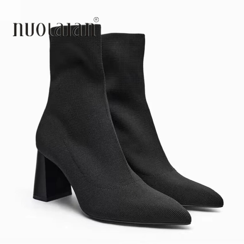 2023 Women's Autumn/Winter Knitted Sock Boots – Low-Heel Pointed Toe Ankle Booties (Size 42)