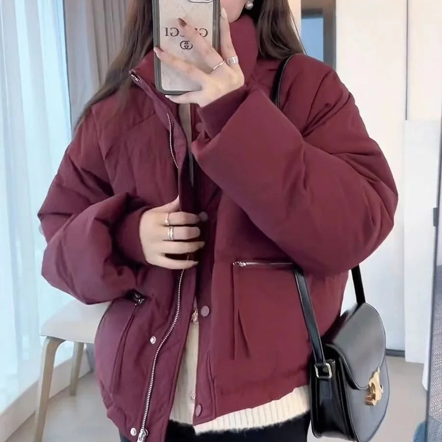 Women's Short Quilted Jacket, Cotton Coat, High Collar, Classic Solid Parka, Puffer Jacket, Casual, Sweet, Matches Everything, Winter Fashion