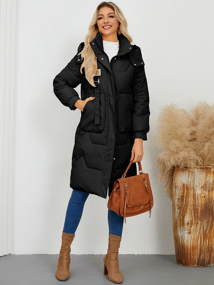 Autumn Winter Women’s Padded Jacket Stand Collar Wide-Waisted Hooded Long Coat