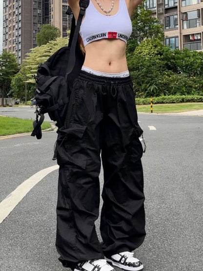 Y2k pára-quedas calças pretas mulheres hippie streetwear bolsos grandes calça