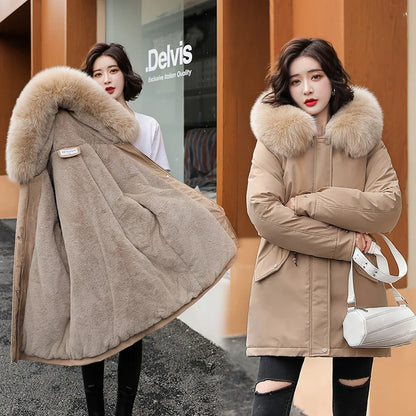 Women's Long Wool Parka with Hood and Fur Collar - Slim Quilted Coat, Warm Winter Fashion for Snow, New 2023