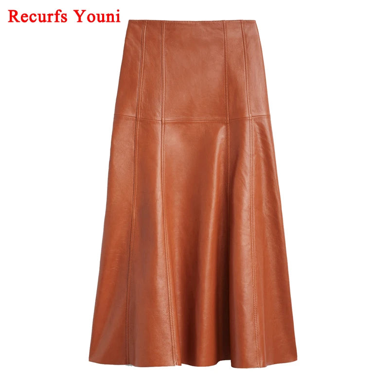 Leather Long Skirt Women New Fashion Attractive Seam Design Pleated Maxi Skirt L