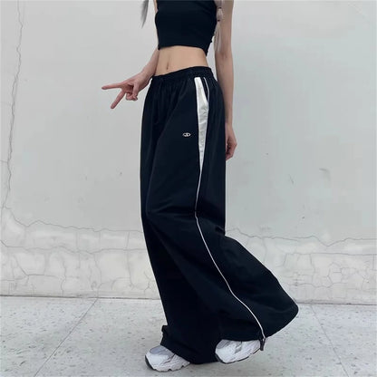 Calça casual de perna larga feminina de carga, Streetwear sólido com cordão,