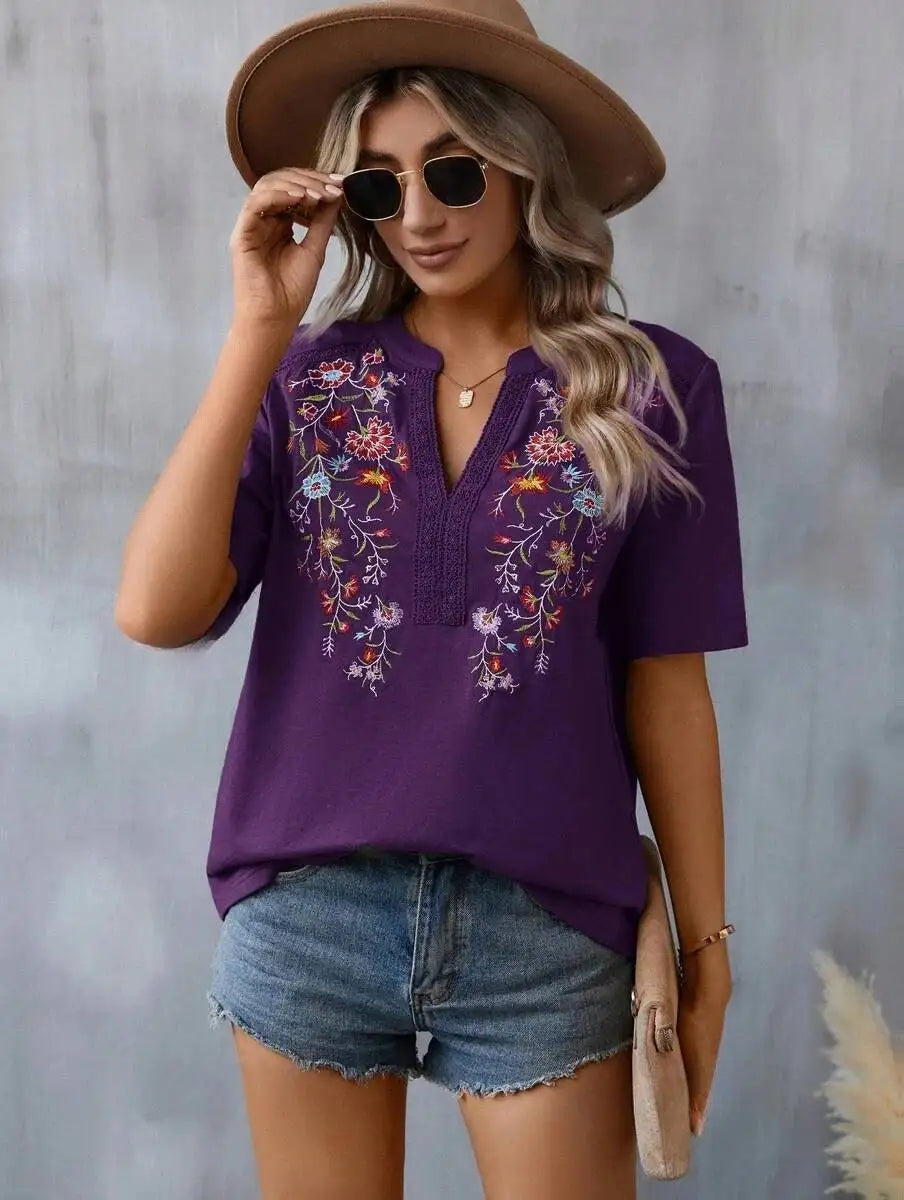 Vintage Summer V-Neck Lace Blouse – Casual Embroidered Loose Top for Vacation & Everyday Wear