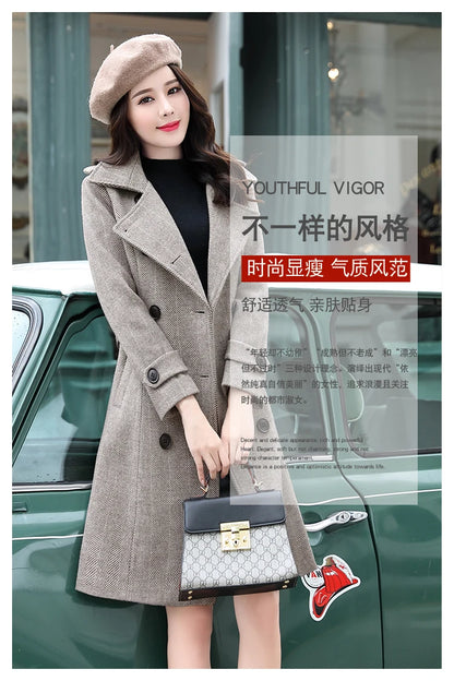 Korean Wool Blends Women Coats Lapel Double-Breasted Lined Trench Belt Ladies St