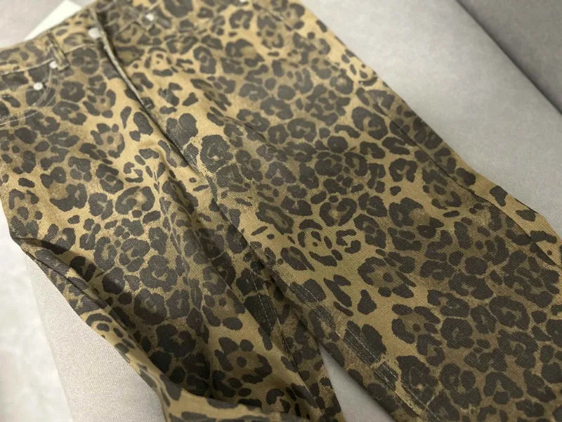 Wide-Leg High-Waisted Leopard Print Retro Jeans for Women, Y2K Oversized Casual Pants, Spring 2024