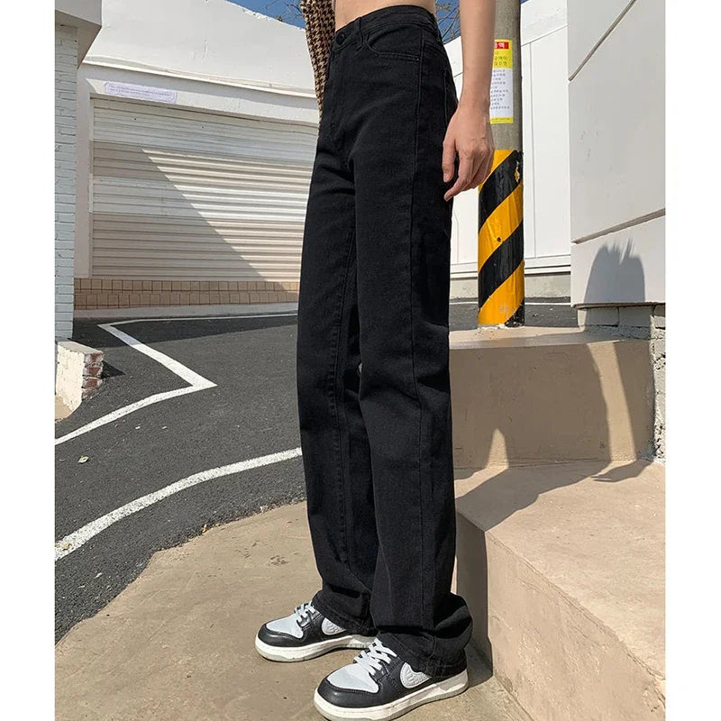 Mulher coreano cintura alta streetwear perna reta jeans meninas y2k roupas calç